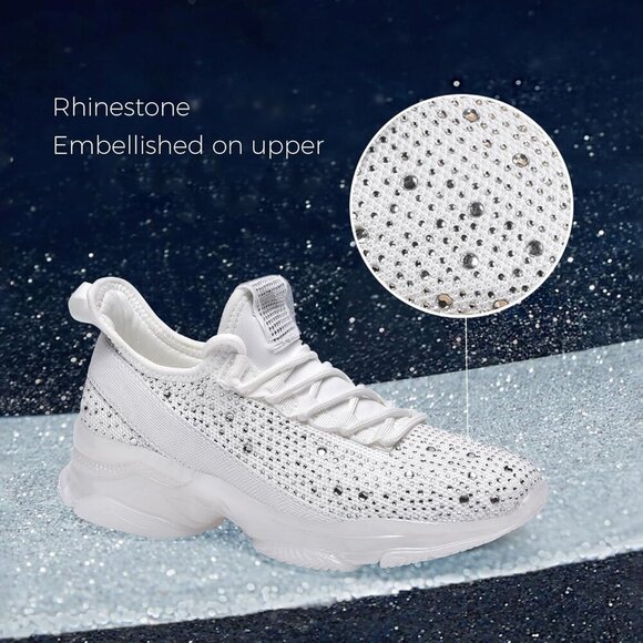 🆕 Women's Rhinestone Mesh Slip Walking Shoes Breathable Glitter Sneaker White - Picture 7 of 9